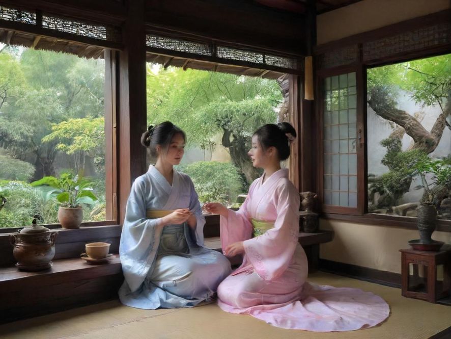 复古茶肆内的茶艺表演场景