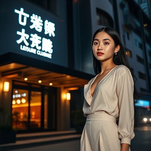 夜晚灯光璀璨的休闲会所入口
