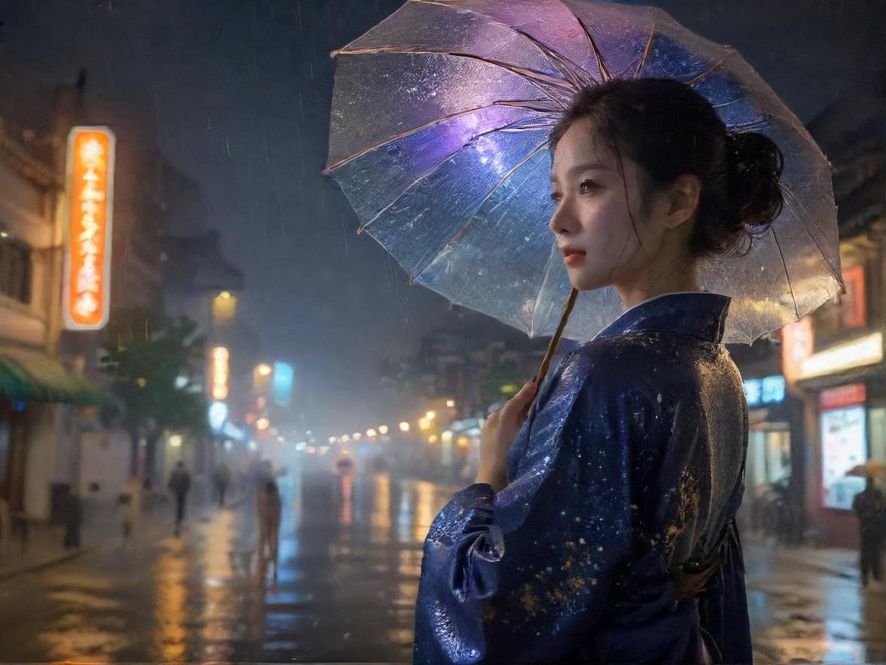 雨夜街头霓虹闪烁，仿佛隐藏着未知的精彩