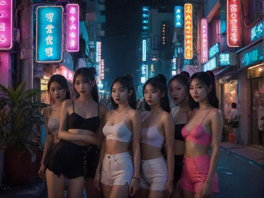普君吧夜晚街景，霓虹闪烁，充满赛博朋克未来感