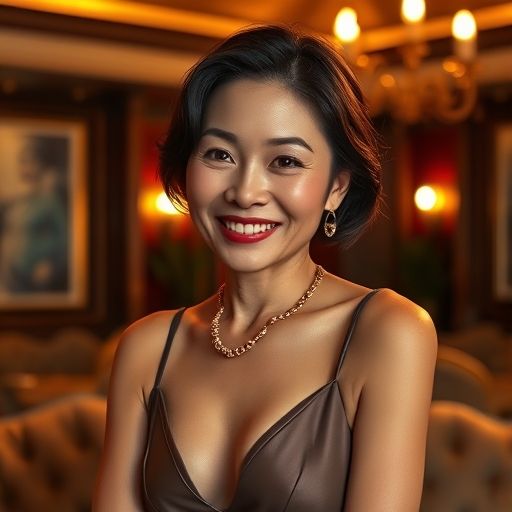 一位成熟优雅的亚洲女性，面带微笑，眼神温柔，背景是私密舒适的会所包厢，光线柔和。