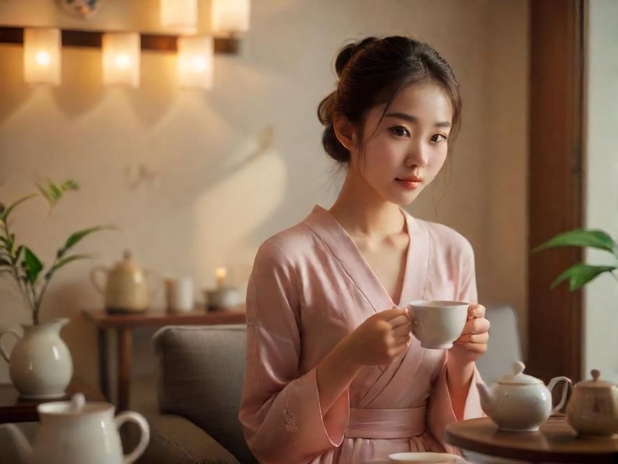 一位女士在深圳的温馨公寓中品茶，享受宁静时光