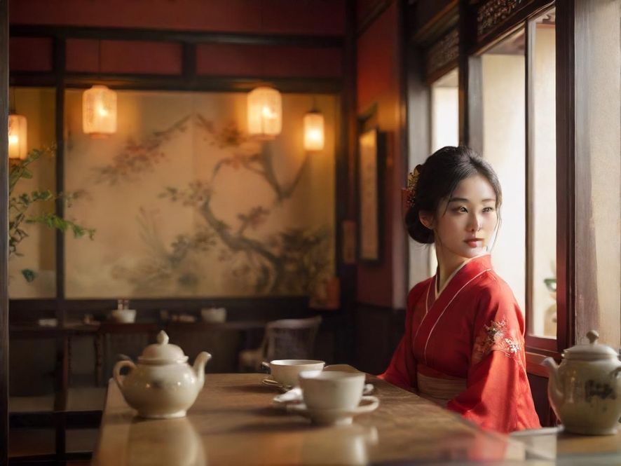 一间温馨雅致的茶室，柔和的灯光下，一位女性背影坐在窗边，享受着片刻的宁静。