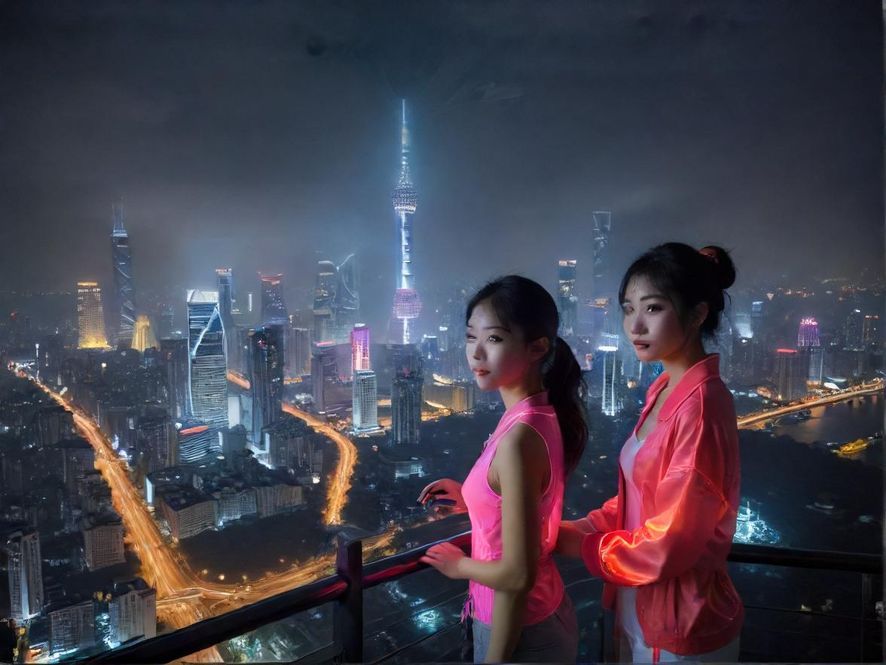 广州都市夜景，从高处俯瞰城市天际线，霓虹灯光璀璨，展现出活力四射的都市氛围。