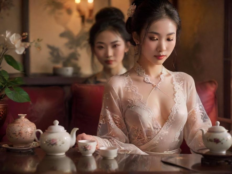 休闲会所包间内的精致茶具，象征放松与享受