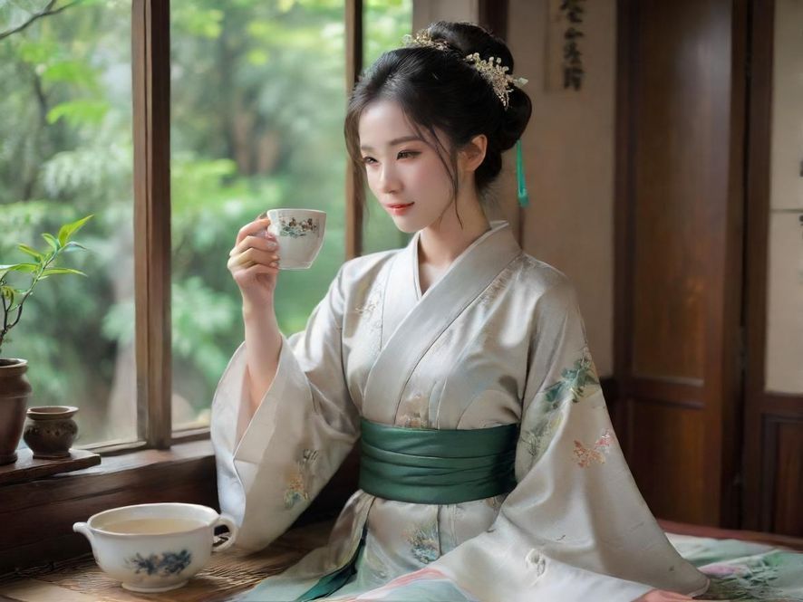 一位气质优雅的女子在古色古香的茶室中，手持茶杯，享受品茶的惬意时光。