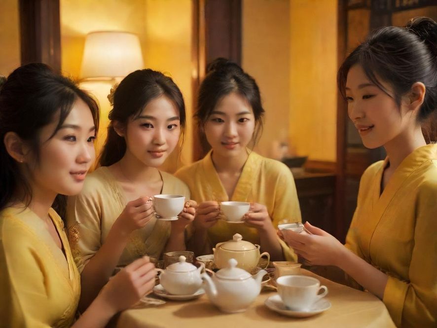 茶友们在茶馆中轻松交流，品茗赏乐，气氛融洽。