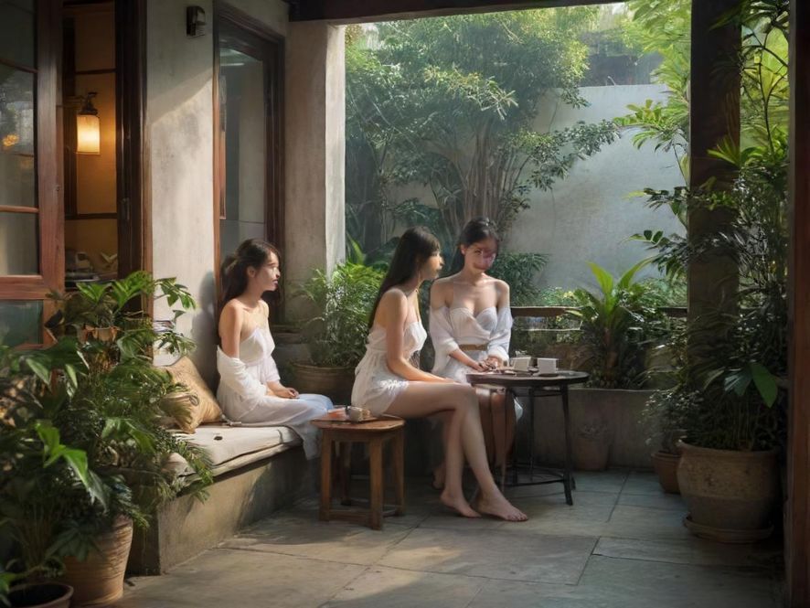 深圳高端茶室庭院一角，阳光洒落，绿植环绕的优雅环境