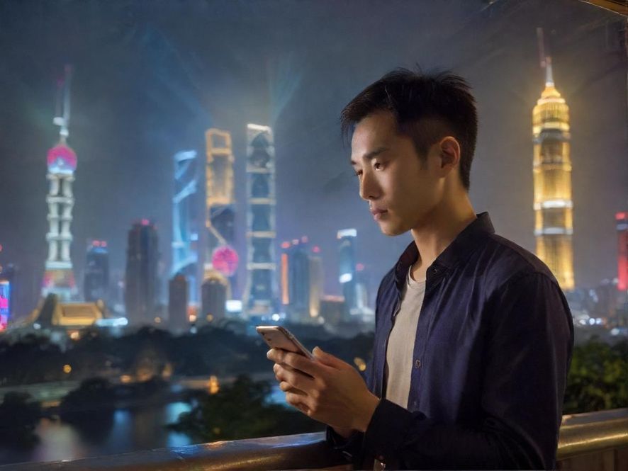 一位年轻男子在深圳璀璨的夜景下专注地浏览手机上的论坛信息