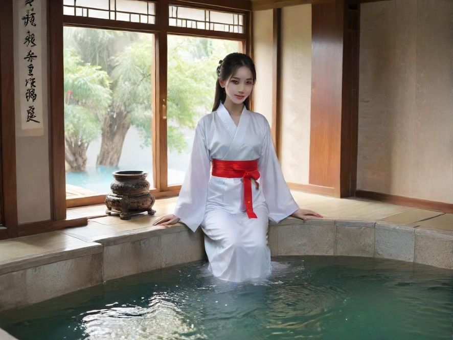广州一处舒适的水疗池，水面冒着热气，环境宁静放松。