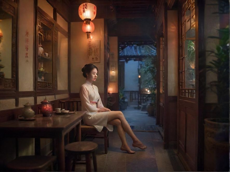 广州茶馆夜景图