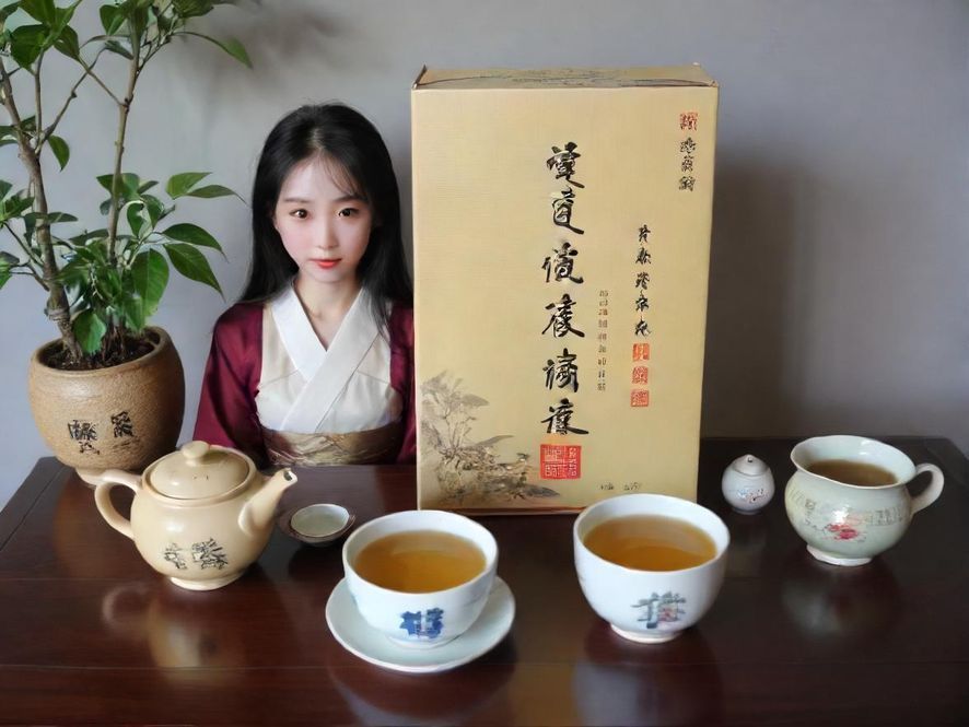 一位广州茶艺师美女，在柔和的灯光下，专注地进行茶道表演，身旁摆放着精美的古典茶具。