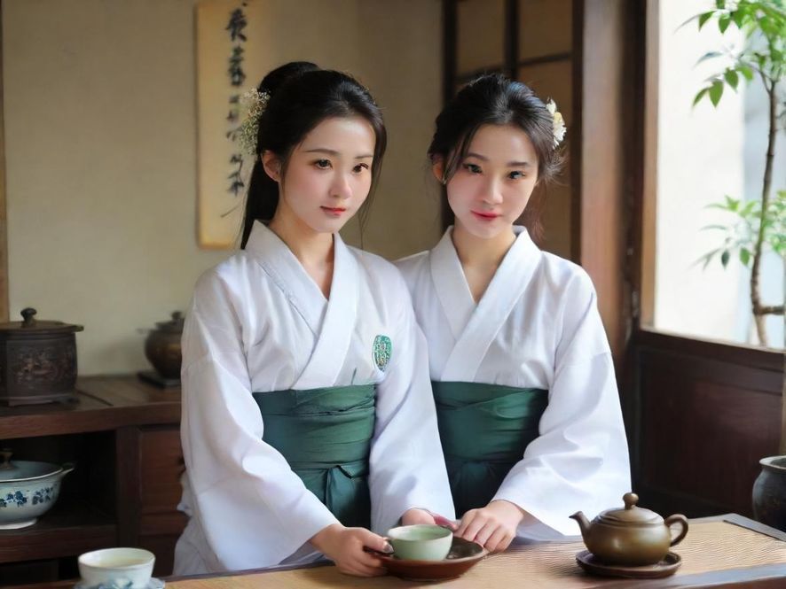 一位身着雅致服饰的女子在古典中式茶馆中品茶,侧身特写,光线柔和,营造出唯美宁静的意境