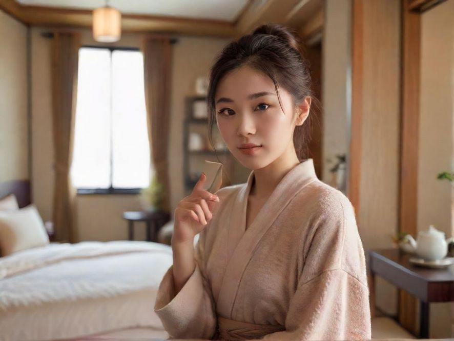 一间充满现代中式风格的温馨茶室，光线柔和，茶具精致，宁静雅致