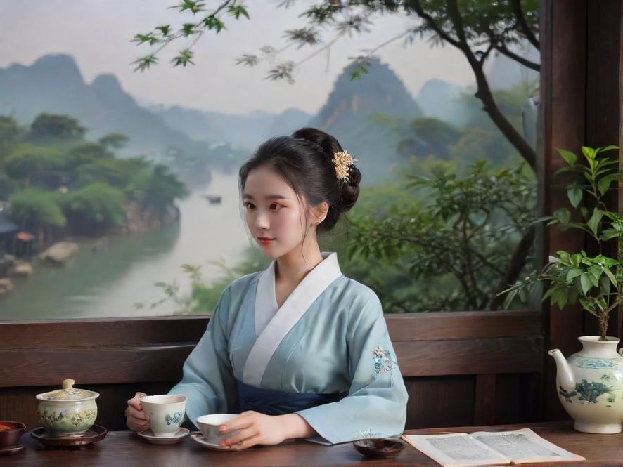 一位女性在柔和的光线下专注地品尝着香茗,背景是精致的传统茶具和茶艺摆设,呈现出一种宁静优雅的瞬间。