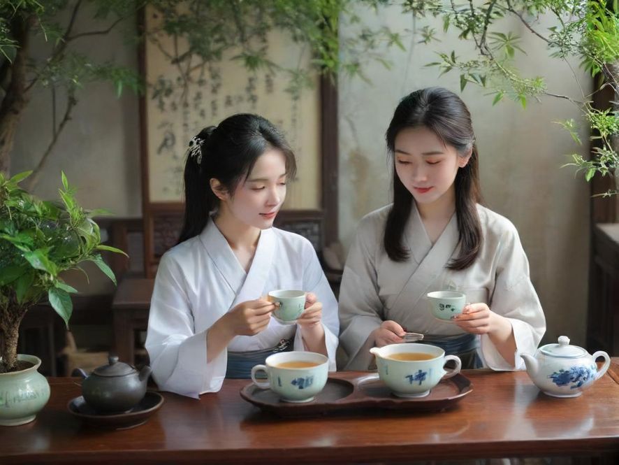 一位气质优雅的女士在现代中式茶馆中,专注于品鉴手中的香茗,柔和的光线勾勒出她宁静的侧脸,茶具精致,氛围温馨。