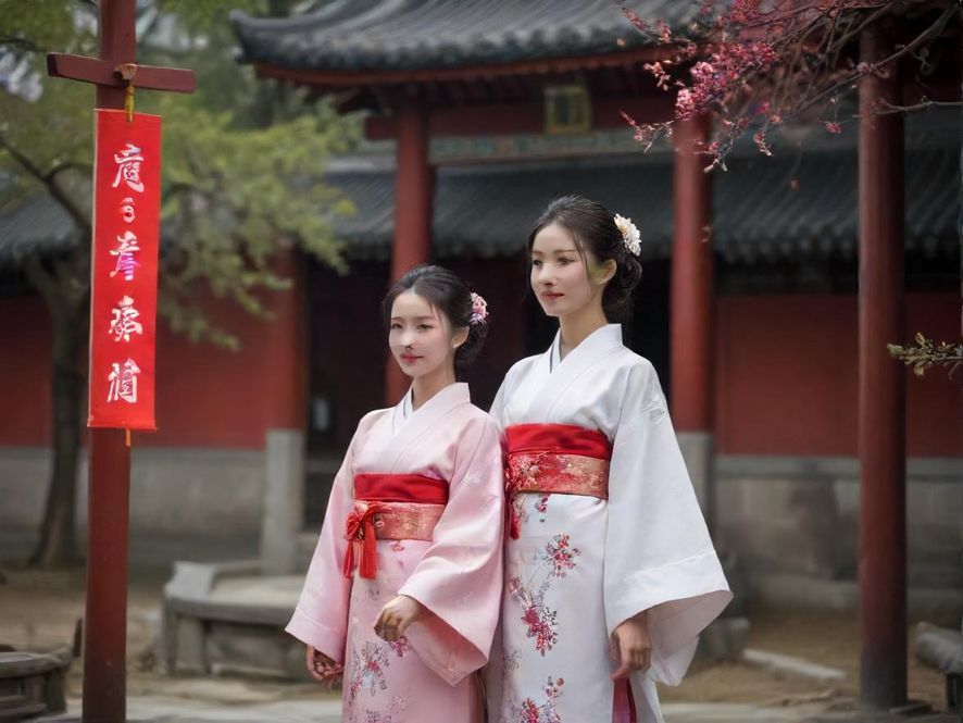 一个充满中式风情的庭院,鸟瞰视角下,展现其精巧布局和唯美意境,在傍晚时分的柔光中更显神秘与静谧。