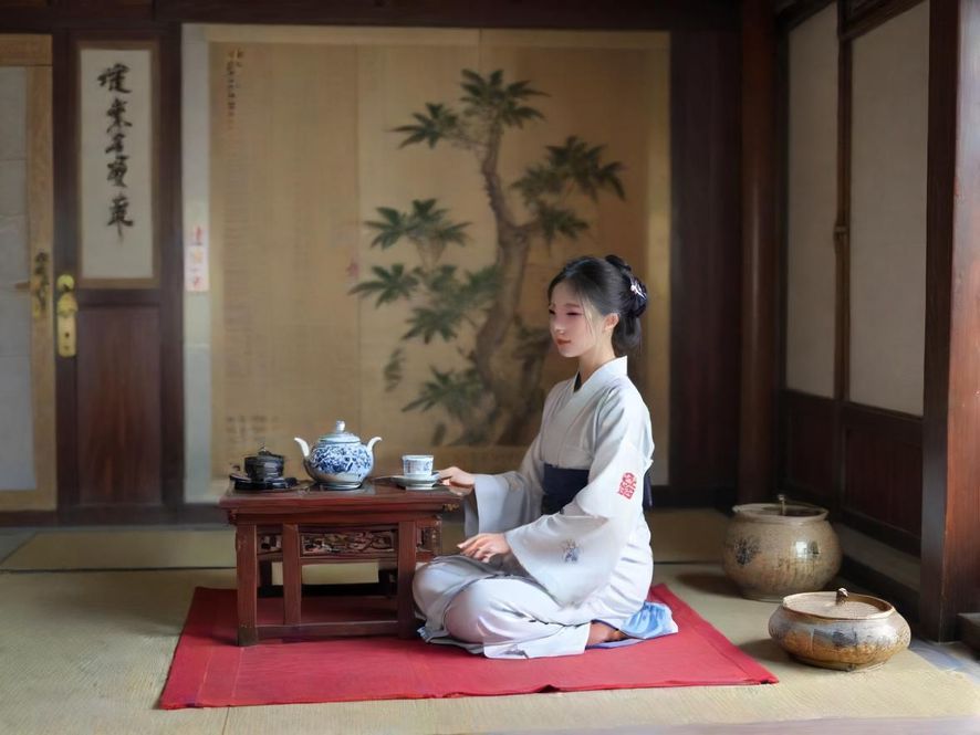 一位古典美人,侧颜在柔和光影下,展现优雅的气质,背景是雅致的茶室,营造出宁静而富有韵味的氛围。