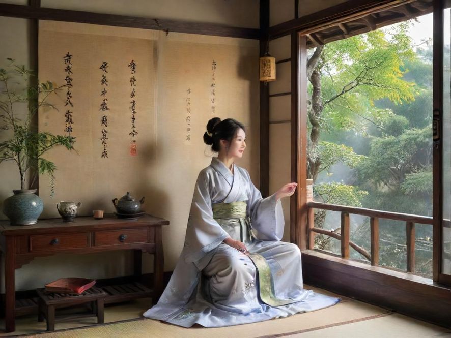 一位面带温柔微笑的广深约茶女子,特写镜头下,背景是雅致的茶室