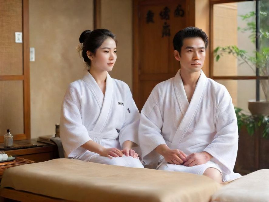 一位男士在私密温馨的包厢内享受专业的SPA按摩，侧面特写展示了理疗师专注的手法，柔和的灯光营造出唯美放松的氛围。