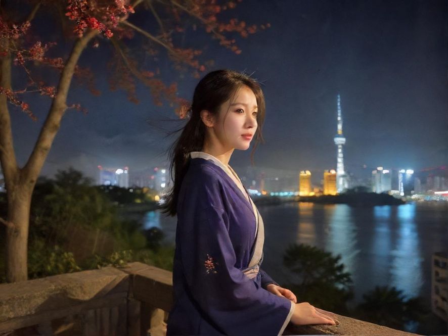 一位身姿优雅的成熟女性,背对着落地窗,凝视着窗外璀璨的城市夜景,营造出一种私密而富有情调的氛围。