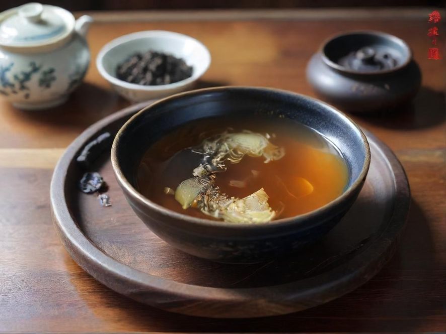 古色古香的茶馆内部,广角镜头展现出雅致的包间,木质桌椅和精致茶具,营造出宁静祥和的传统中式氛围