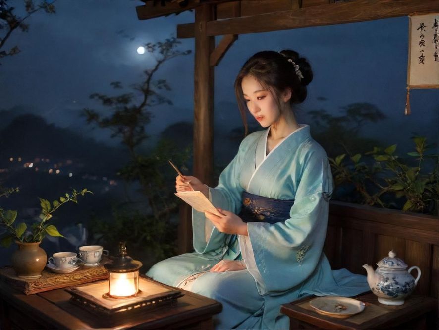 一位在广州天河品茶的女士侧面特写，她身穿休闲时尚的服装，神情放松，窗外是璀璨的城市夜景，营造出一种都市中的宁静与奢华感。