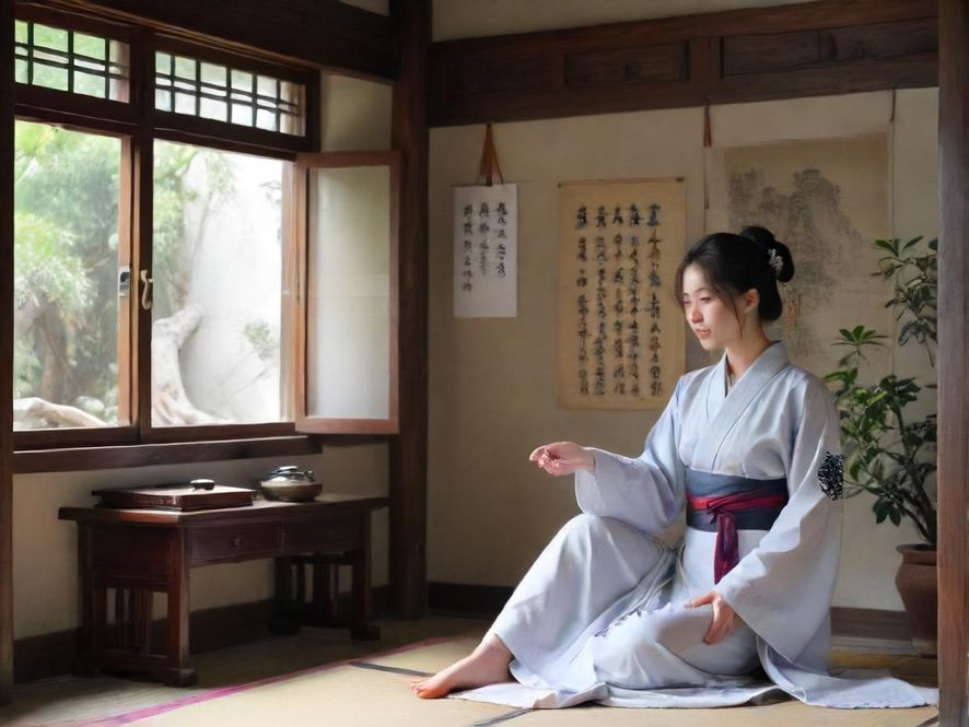 深圳龙华一间茶室，古朴的木质桌椅错落有致，几盏暖色调的灯光点缀其间，营造出温馨而雅致的氛围，墙上挂着几幅水墨画，窗外隐约可见都市的绿意。