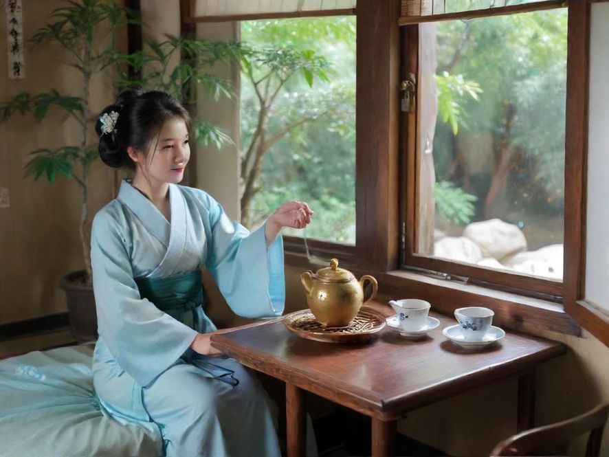 一位气质优雅的女士在温馨茶室中品鉴深圳喝茶外卖送来的香茗，光线柔和，氛围私密。