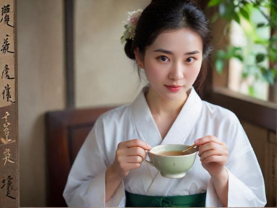 一位女性坐在现代风格的茶馆内，背对镜头，手持茶杯，姿态放松，窗外阳光洒入，营造出温暖而治愈的氛围。