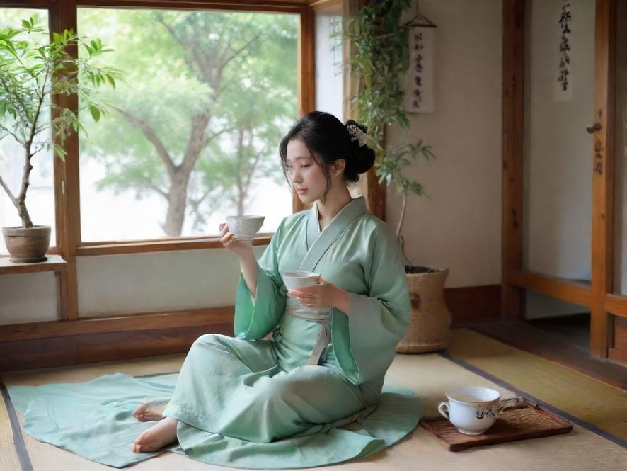 一位气质优雅的茶艺师正在温馨茶室中为客人冲泡香茗,茶香四溢。